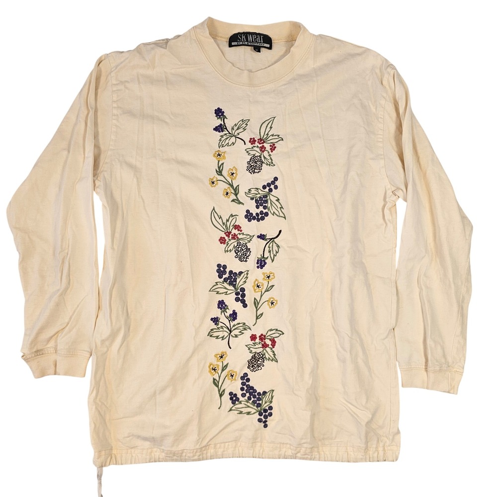 SK Wear by SK & Company Cream Long Sleeve Embroidered Floral Berry Shirt Medium